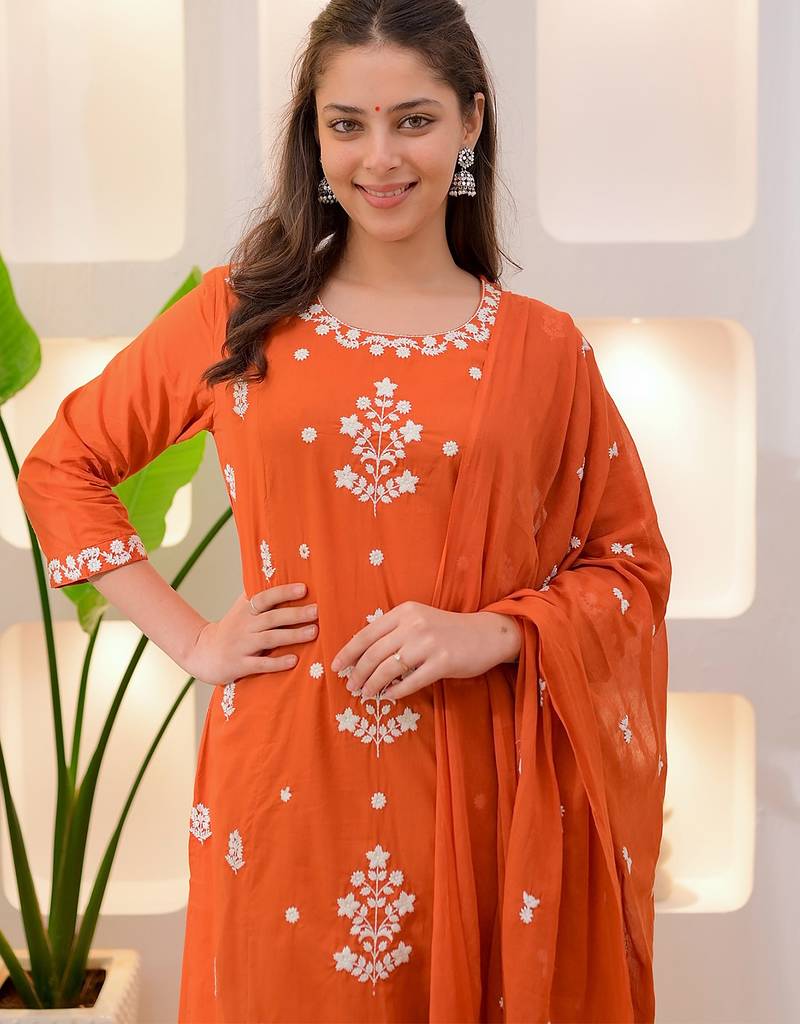 Orange rayon slub heavy thread embroidery work kurta pant set