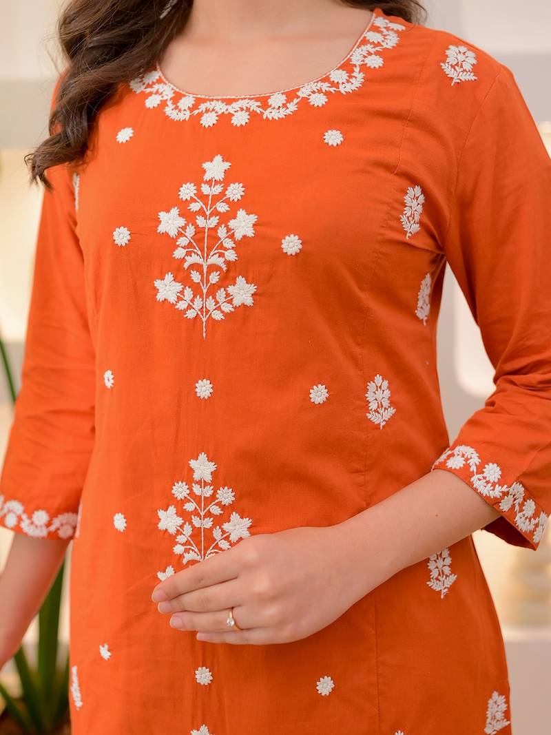 Orange rayon slub heavy thread embroidery work kurta pant set
