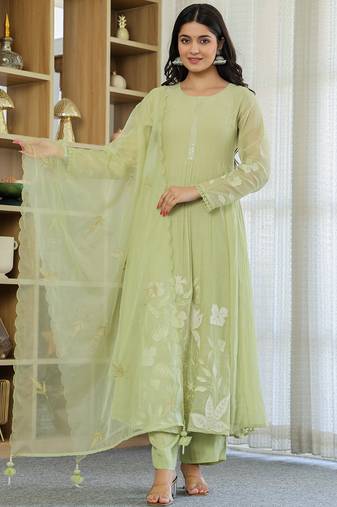 Pista green chanderi silk heavy thread embroidery work kurta pant set