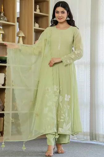 Pista green chanderi silk heavy thread embroidery work kurta pant set