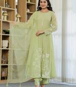 Pista green chanderi silk heavy thread embroidery work kurta pant set