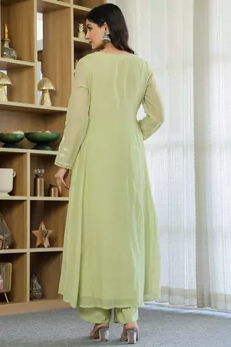 Pista green chanderi silk heavy thread embroidery work kurta pant set