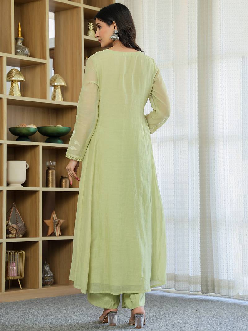 Pista green chanderi silk heavy thread embroidery work kurta pant set