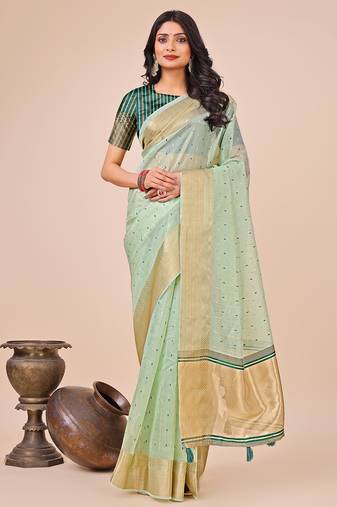 olive color zari border work orgenza saree with blouse