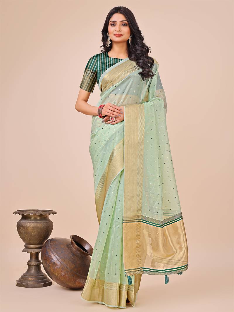 olive color zari border work orgenza saree with blouse