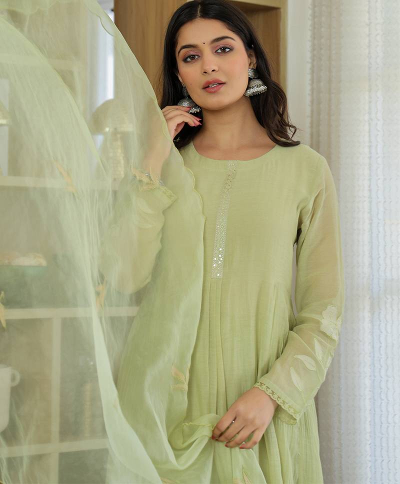 Pista green chanderi silk heavy thread embroidery work kurta pant set