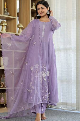 Lavender chanderi silk heavy thread embroidery work kurta pant set