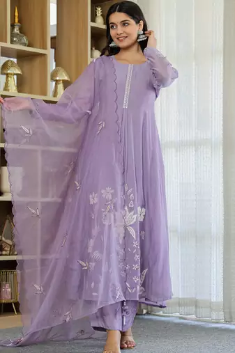 Lavender chanderi silk heavy thread embroidery work kurta pant set