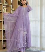 Lavender chanderi silk heavy thread embroidery work kurta pant set