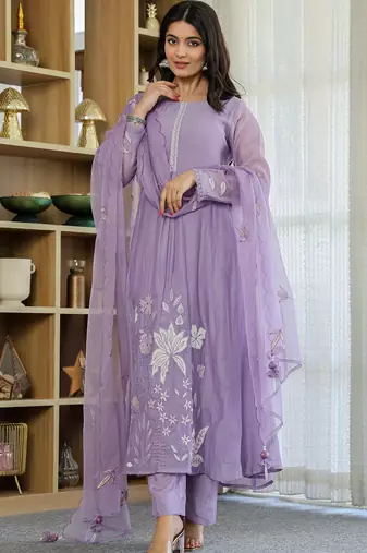 Lavender chanderi silk heavy thread embroidery work kurta pant set