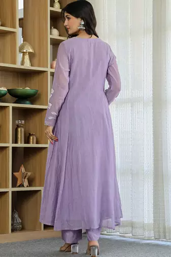 Lavender chanderi silk heavy thread embroidery work kurta pant set