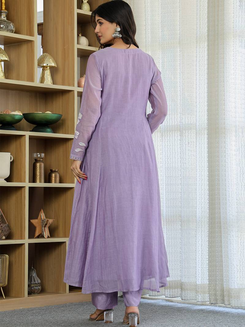 Lavender chanderi silk heavy thread embroidery work kurta pant set