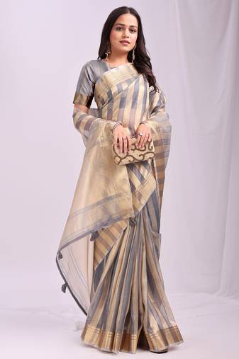 grey color zari border work orgenza stripe saree with blouse