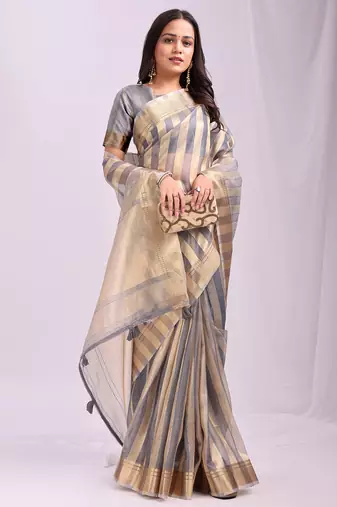 grey color zari border work orgenza stripe saree with blouse