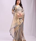 grey color zari border work orgenza stripe saree with blouse
