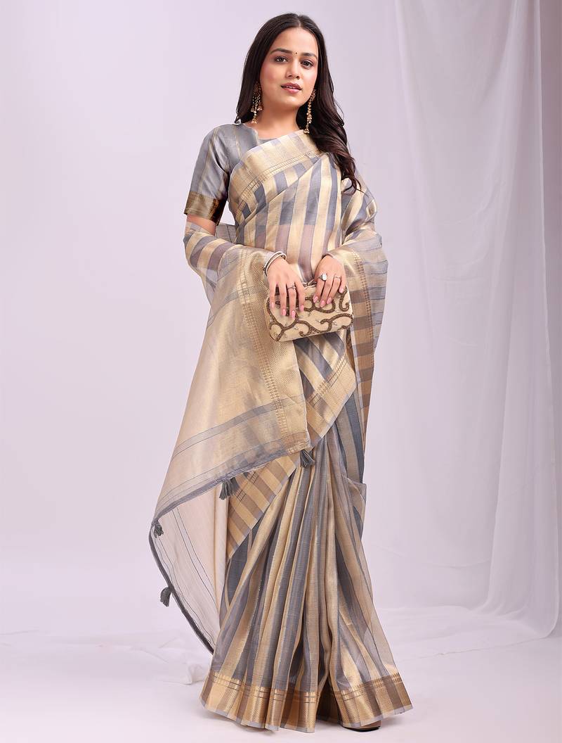 grey color zari border work orgenza stripe saree with blouse