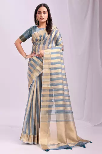 sky blue color zari border work orgenza stripe saree with blouse