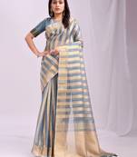 sky blue color zari border work orgenza stripe saree with blouse