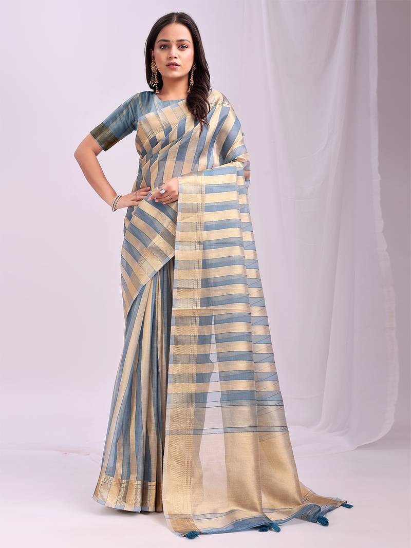 sky blue color zari border work orgenza stripe saree with blouse