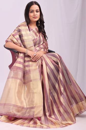 purple color zari border work orgenza stripe saree with blouse