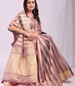 purple color zari border work orgenza stripe saree with blouse