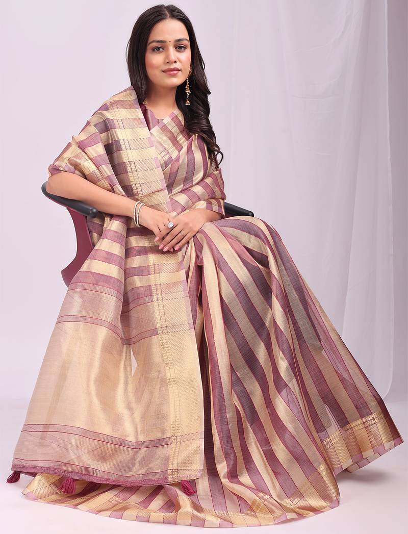 purple color zari border work orgenza stripe saree with blouse