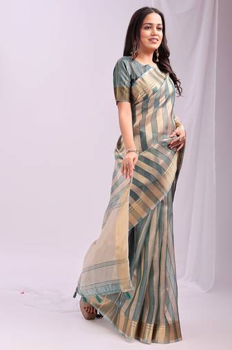 green color zari border work orgenza stripe saree with blouse
