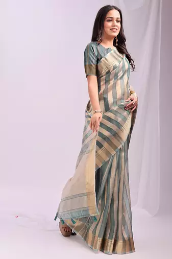 green color zari border work orgenza stripe saree with blouse