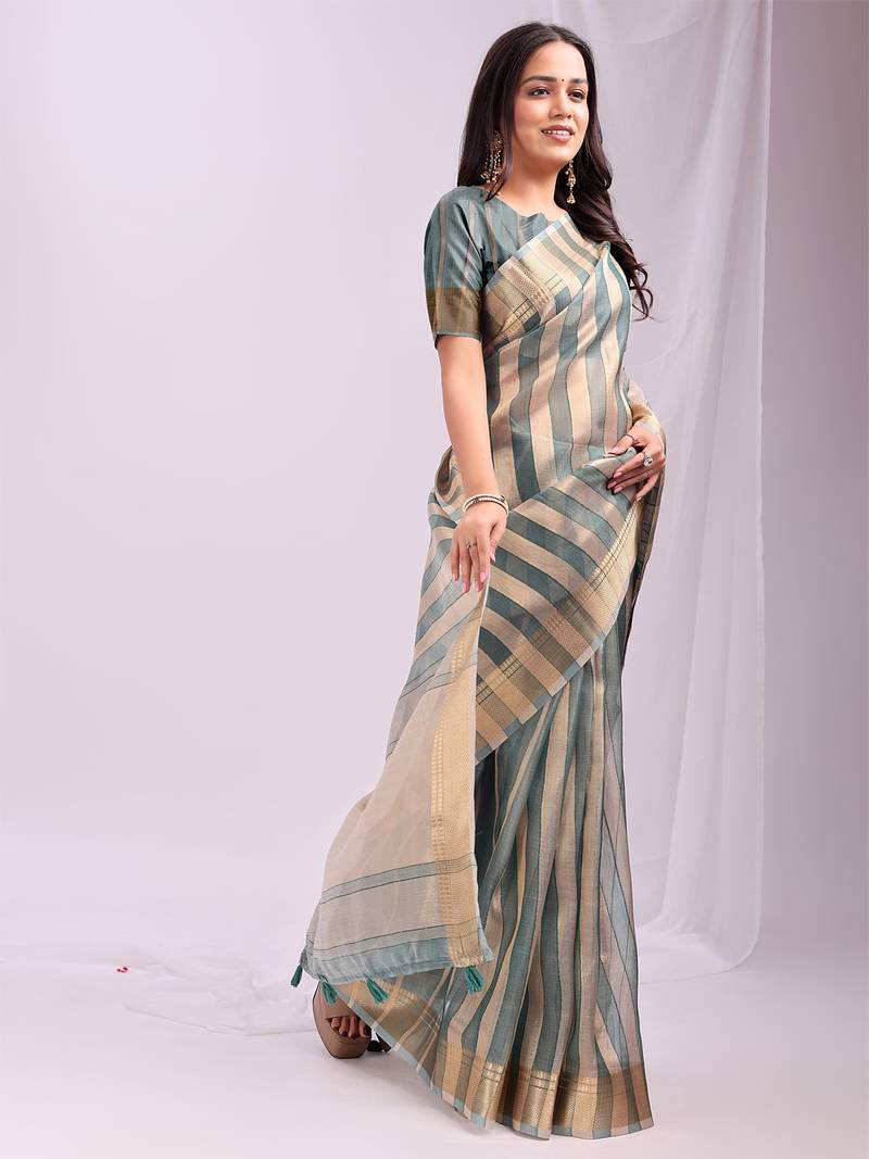 green color zari border work orgenza stripe saree with blouse
