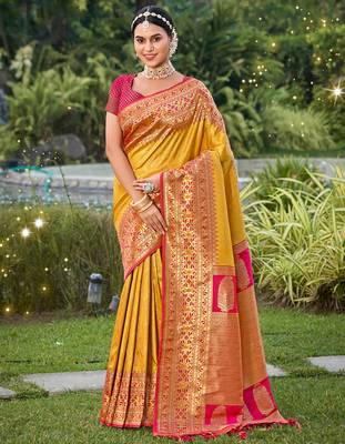 yellow weaving work banarasi art silk blend saree with blouse 1