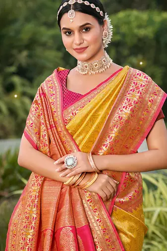 yellow color weaving work banarasi art silk blend saree with blouse