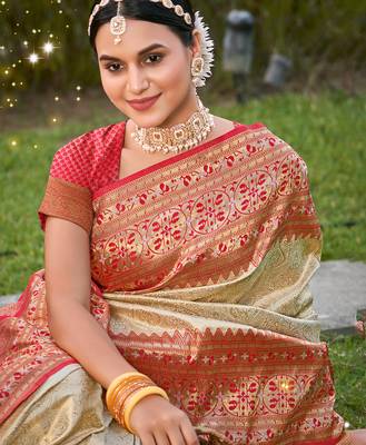 Beige color weaving work banarasi art silk blend saree with blouse 3