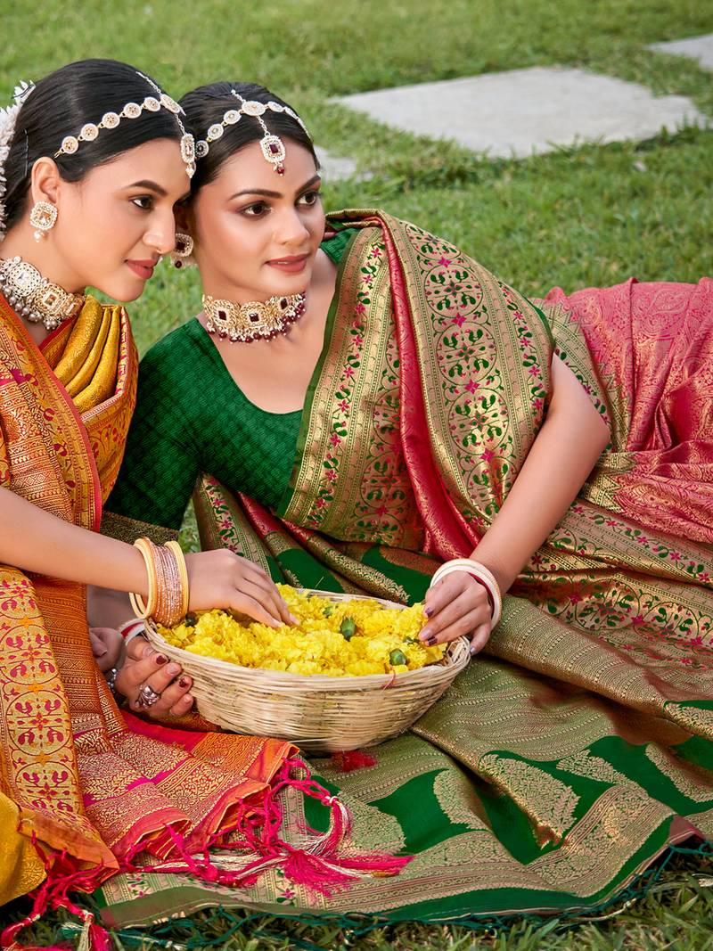 pink color weaving work banarasi art silk saree with blouse