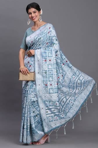 sky blue color woven linen cotton saree with blouse