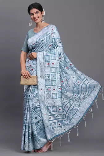 sky blue color woven linen cotton saree with blouse