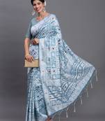 sky blue color woven linen cotton saree with blouse