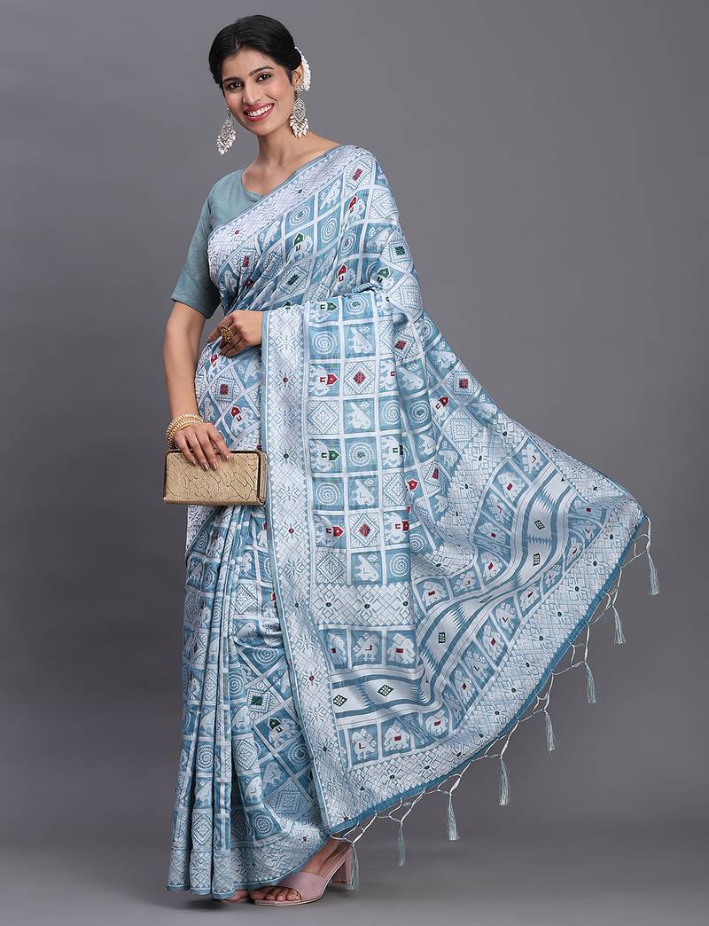 sky blue color woven linen cotton saree with blouse