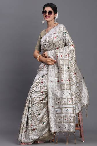 beige color woven linen cotton saree with blouse