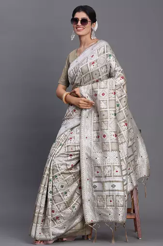 beige color woven linen cotton saree with blouse