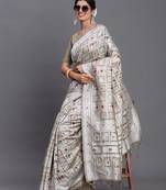 beige color woven linen cotton saree with blouse