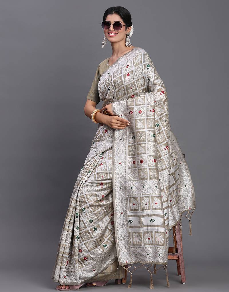 beige color woven linen cotton saree with blouse