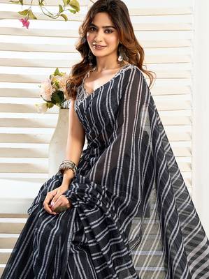 Black digital printed linen ready to wear designer saree with unstitched blouse 6