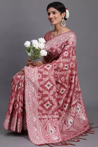 peach color woven linen cotton saree with blouse