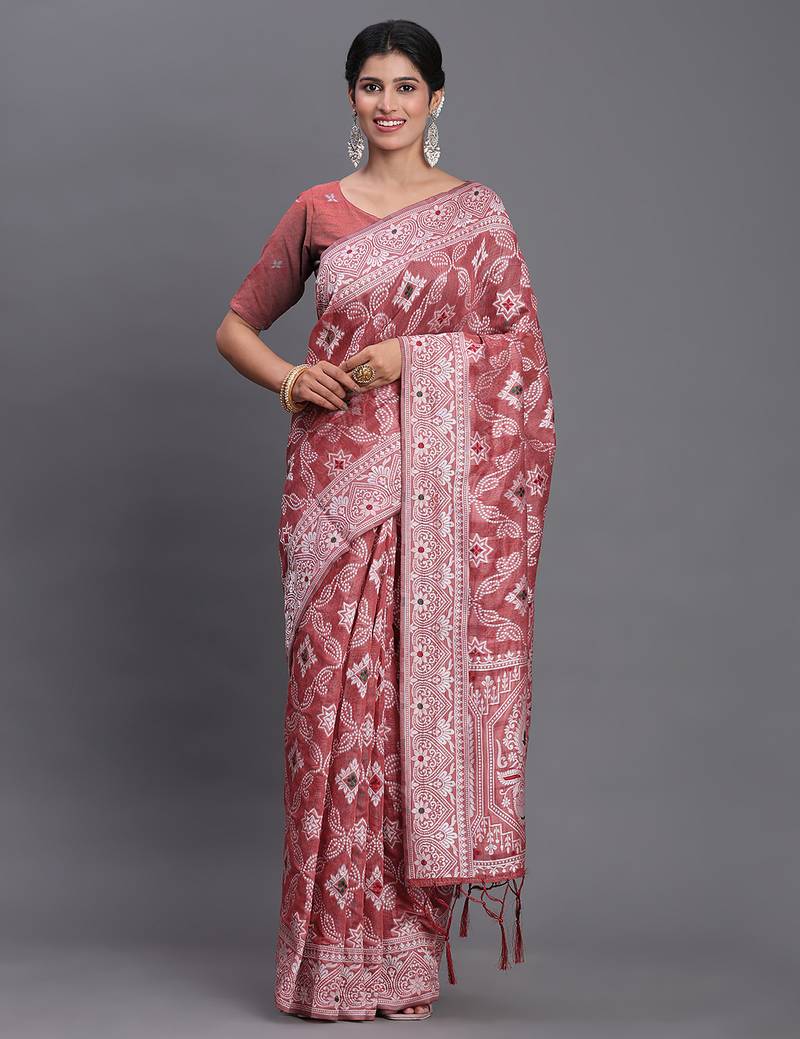 peach color woven linen cotton saree with blouse