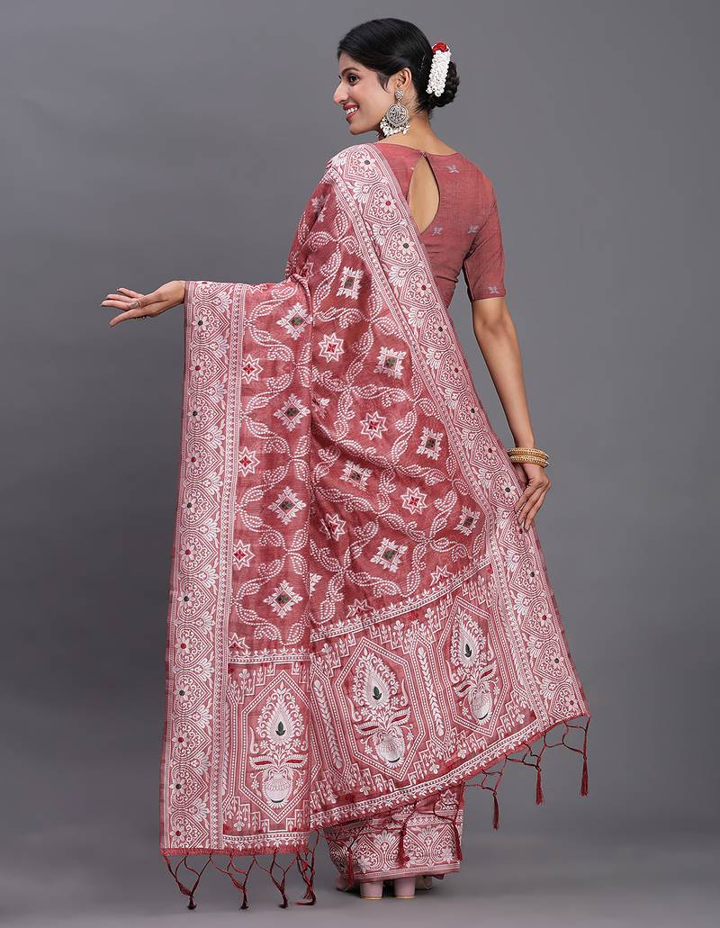 peach color woven linen cotton saree with blouse