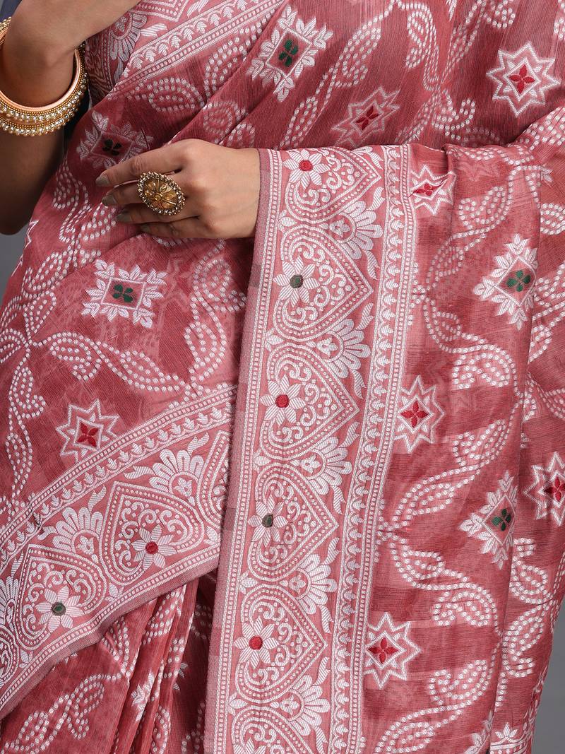 peach color woven linen cotton saree with blouse