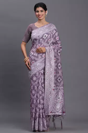 violet color woven linen cotton saree with blouse