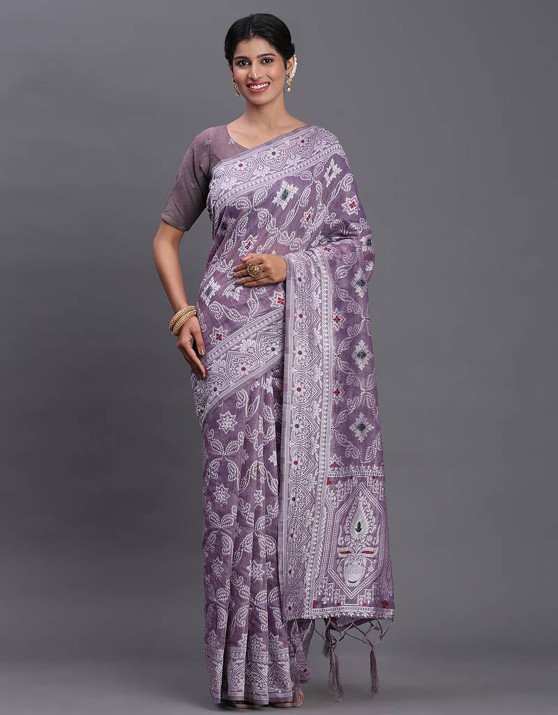 violet color woven linen cotton saree with blouse