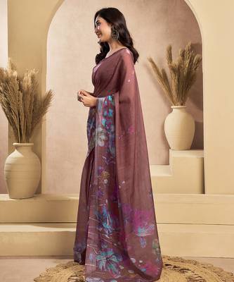Coffee digital printed linen ready to wear designer saree with unstitched blouse 6