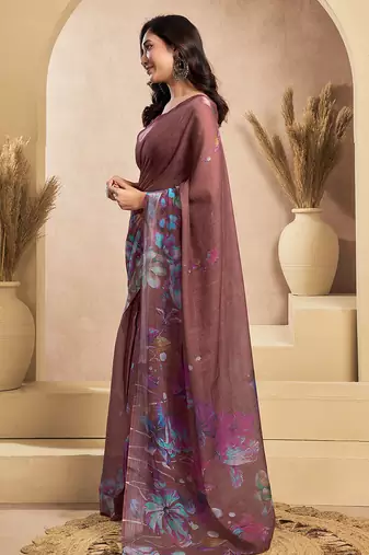 Coffee digital printed linen ready to wear designer saree with unstitched blouse
